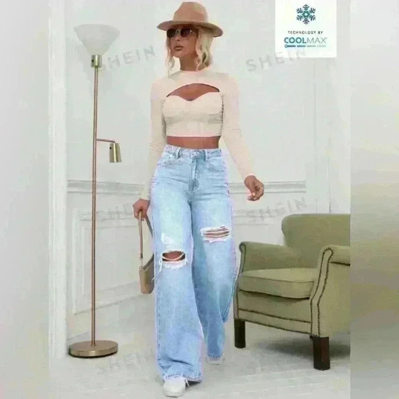 SHEIN EZwear Ladies’ Solid Color Ripped Denim Pants, Size Large - Picture 3 of 7